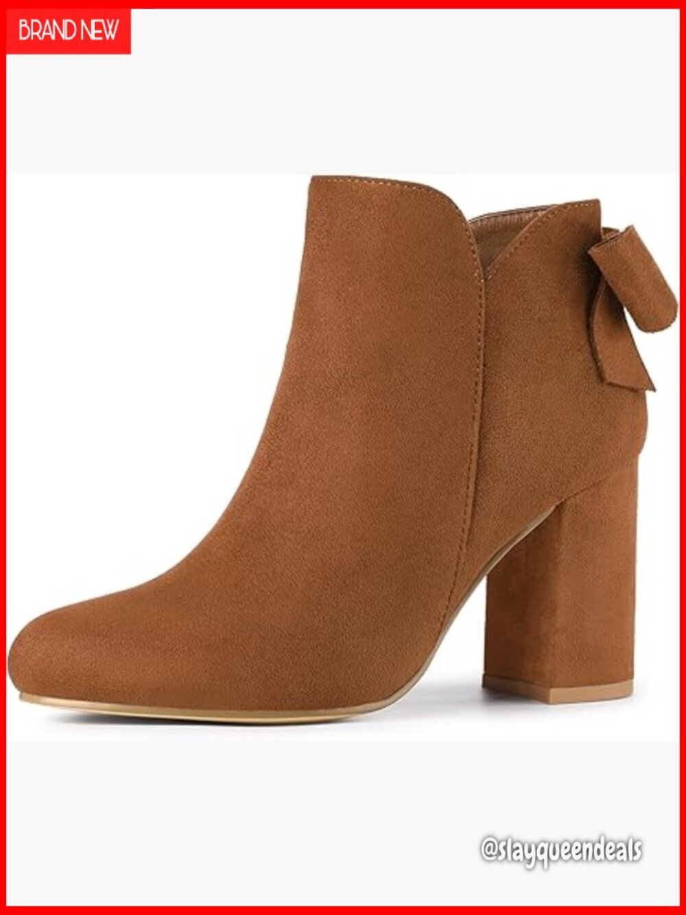 Round Toe Bow Decor Chunky Heel Ankle Boots, Faux Suede, 3.5 Inch Heel